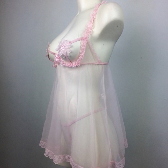 90's Pastel Baby Pink Daisy Pasties Underwire Lace Bra Babydoll Mini Dress - Picture 7 of 10